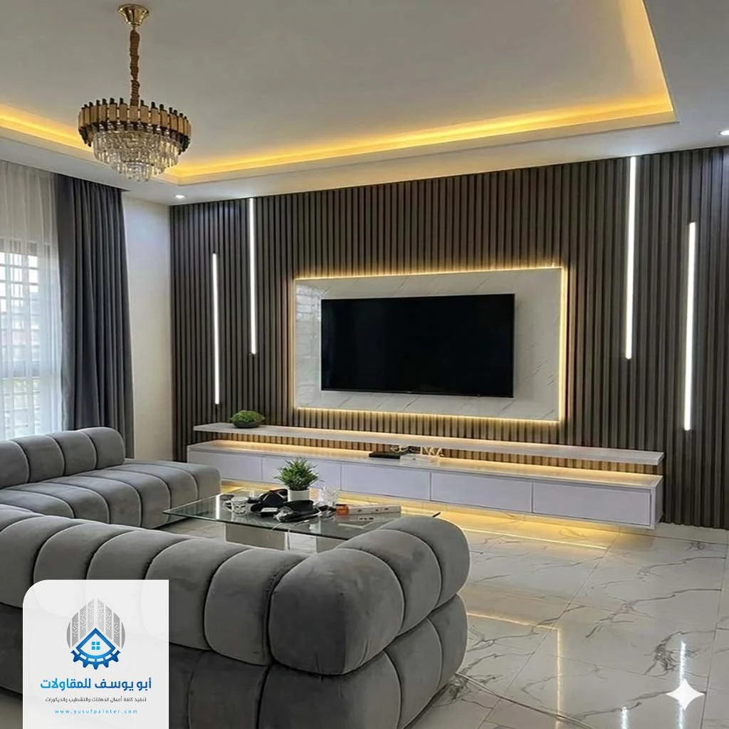 ديكورات بديل الخشب خلفية تلفزيون حي الملقا في الرياض